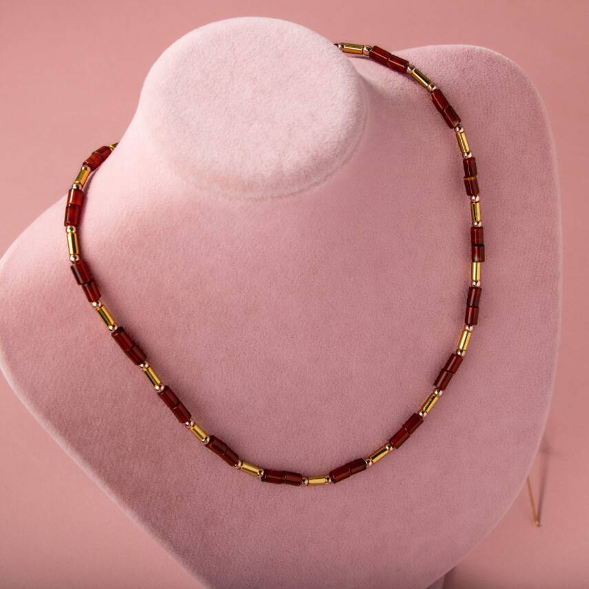 Kırmızı Akik-Hematit Doğal Taş Kolye - 2