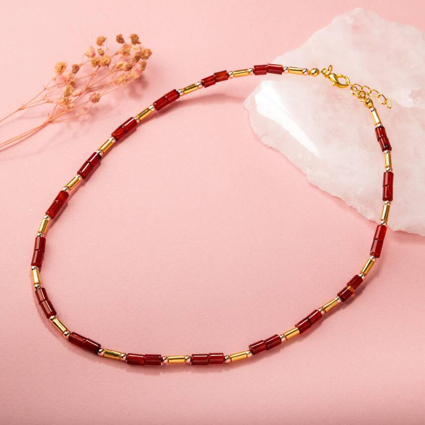 Kırmızı Akik-Hematit Doğal Taş Kolye - 3