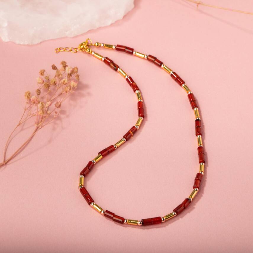 Kırmızı Akik-Hematit Doğal Taş Kolye - 5