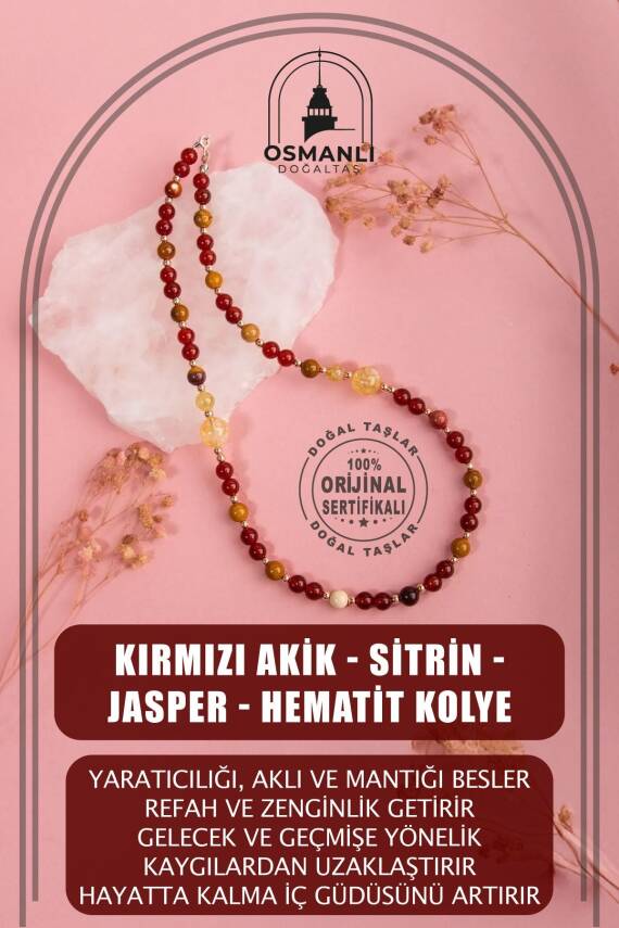 Kırmızı Akik-Sitrin-Jasper-Hematit Doğal Taş Gümüş Kolye - 1