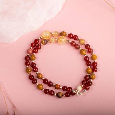 Kırmızı Akik-Sitrin-Jasper-Hematit Doğal Taş Gümüş Kolye - 3