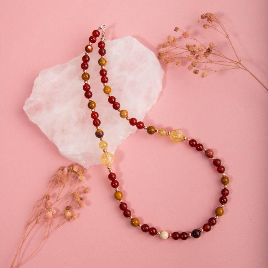 Kırmızı Akik-Sitrin-Jasper-Hematit Doğal Taş Gümüş Kolye - 4