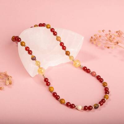 Kırmızı Akik-Sitrin-Jasper-Hematit Doğal Taş Gümüş Kolye - 5