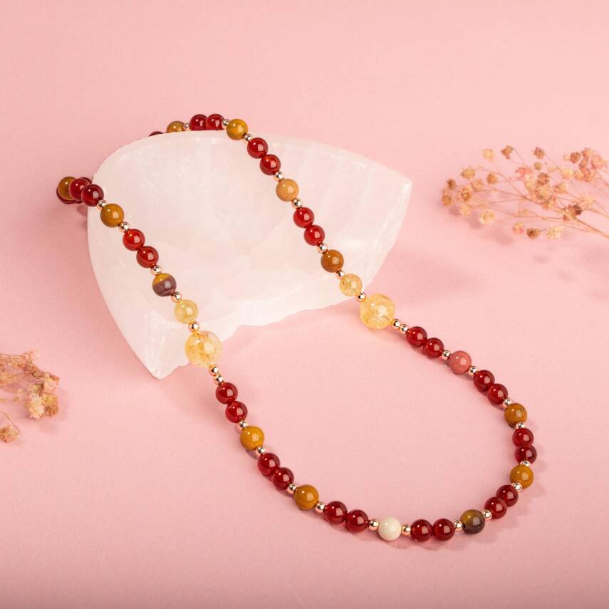 Kırmızı Akik-Sitrin-Jasper-Hematit Doğal Taş Gümüş Kolye - 5