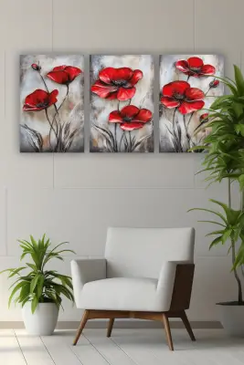 Kırmızı Çiçek 3lü Mdf Tablo - 2