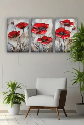 Kırmızı Çiçek Üçlü Mdf Tablo - 1