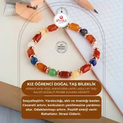 Kız Öğrenci Doğal Taş Bileklik-Kırmızı Akik-Yeşil Aventurin-Lapis Lazuli-Ay Taşı-Kalsit-Sodalit-Pembe Kuvars-Hematit - 1