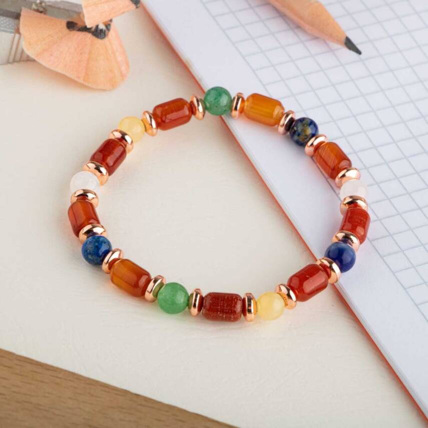 Kız Öğrenci Doğal Taş Bileklik-Kırmızı Akik-Yeşil Aventurin-Lapis Lazuli-Ay Taşı-Kalsit-Sodalit-Pembe Kuvars-Hematit - 2