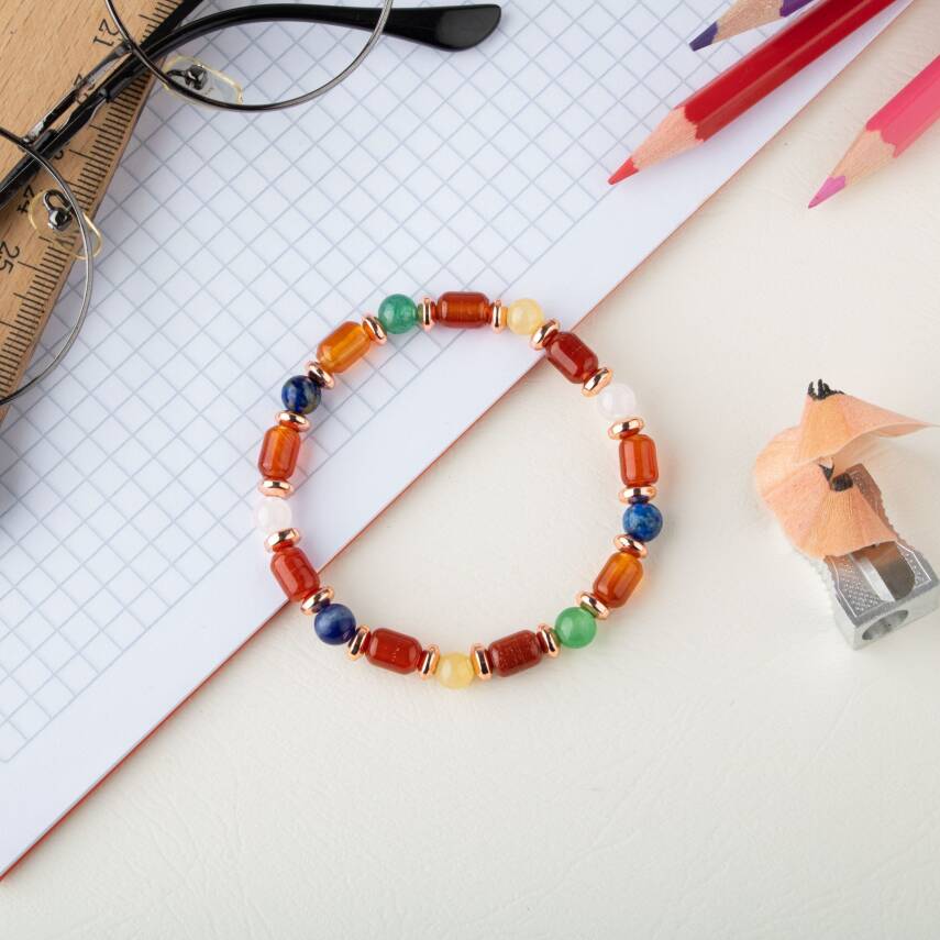 Kız Öğrenci Doğal Taş Bileklik-Kırmızı Akik-Yeşil Aventurin-Lapis Lazuli-Ay Taşı-Kalsit-Sodalit-Pembe Kuvars-Hematit - 2