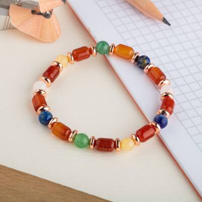 Kız Öğrenci Doğal Taş Bileklik-Kırmızı Akik-Yeşil Aventurin-Lapis Lazuli-Ay Taşı-Kalsit-Sodalit-Pembe Kuvars-Hematit - 4