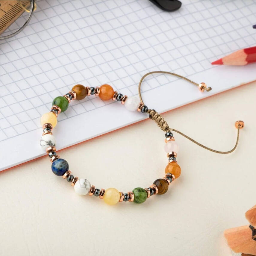 Kız Öğrenci Doğal Taş Bileklik-Lapis Lazuli-Havlit-Kalsit-Yeşim-Kaplan Gözü-Turuncu Aventurin-Pembe Kuvars - 1