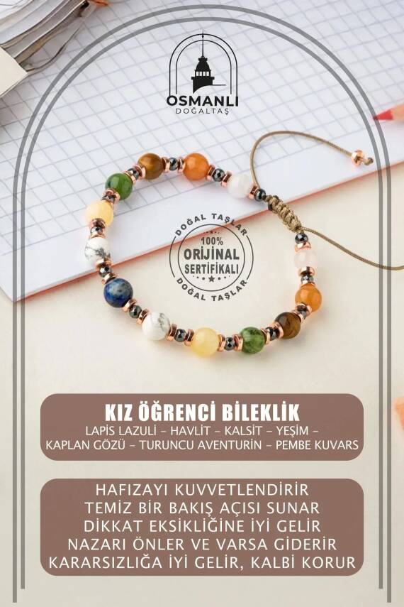 Kız Öğrenci Doğal Taş Bileklik-Lapis Lazuli-Havlit-Kalsit-Yeşim-Kaplan Gözü-Turuncu Aventurin-Pembe Kuvars - 2