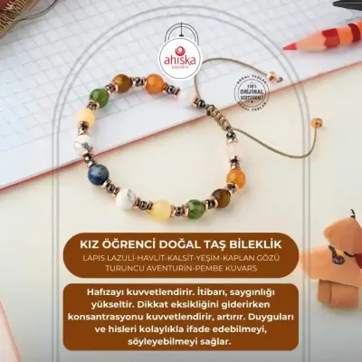 Kız Öğrenci Doğal Taş Bileklik-Lapis Lazuli-Havlit-Kalsit-Yeşim-Kaplan Gözü-Turuncu Aventurin-Pembe Kuvars - 1