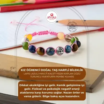 Kız Öğrenci Doğal Taş Harfli Makrome Bileklik - 1
