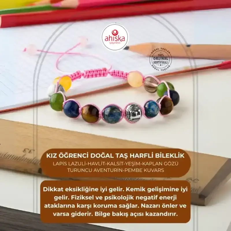 Kız Öğrenci Doğal Taş Harfli Makrome Bileklik - 1