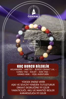 Koç Burcu Bileklik Akuamarin, Ametist, Bordo Granat Lal, Güneş Taşı, Kalsit, Kan Taşı, Kırmızı Akik, Yeşil Aventurin - Osmanlı Doğaltaş