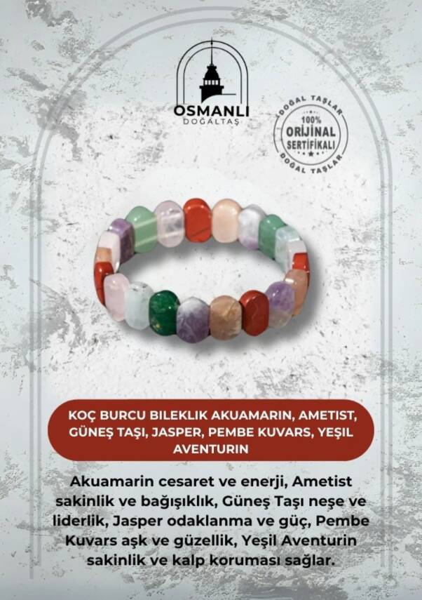 Koç Burcu Bileklik Akuamarin, Ametist, Güneş Taşı, Jasper, Pembe Kuvars, Yeşil Aventurin - 2