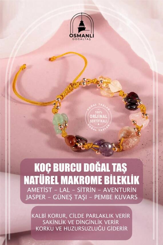 Koç Burcu Bileklik Ametist, Bordo Granat Lal, Güneş Taşı, Jasper, Pembe Kuvars, Sitrin, Yeşil Aventurin - 2