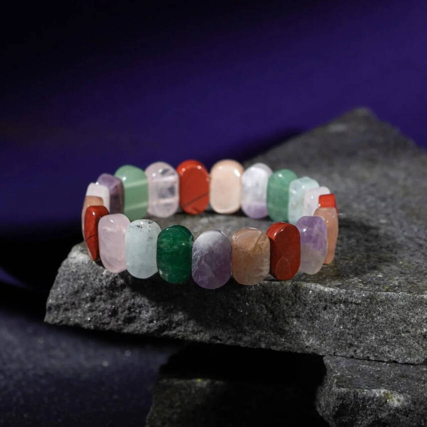 Koç Burcu Geniş Kesim Bileklik Akuamarin, Ametist, Bordo Granat Lal, Jasper, Kırmızı Akik, Pembe Kuvars, Sitrin, Yeşil Aventurin - 1