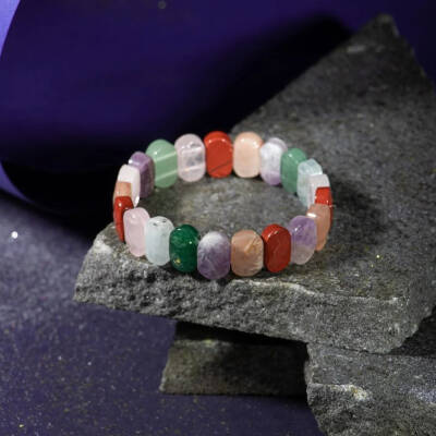 Koç Burcu Geniş Kesim Bileklik Akuamarin, Ametist, Bordo Granat Lal, Jasper, Kırmızı Akik, Pembe Kuvars, Sitrin, Yeşil Aventurin - 2