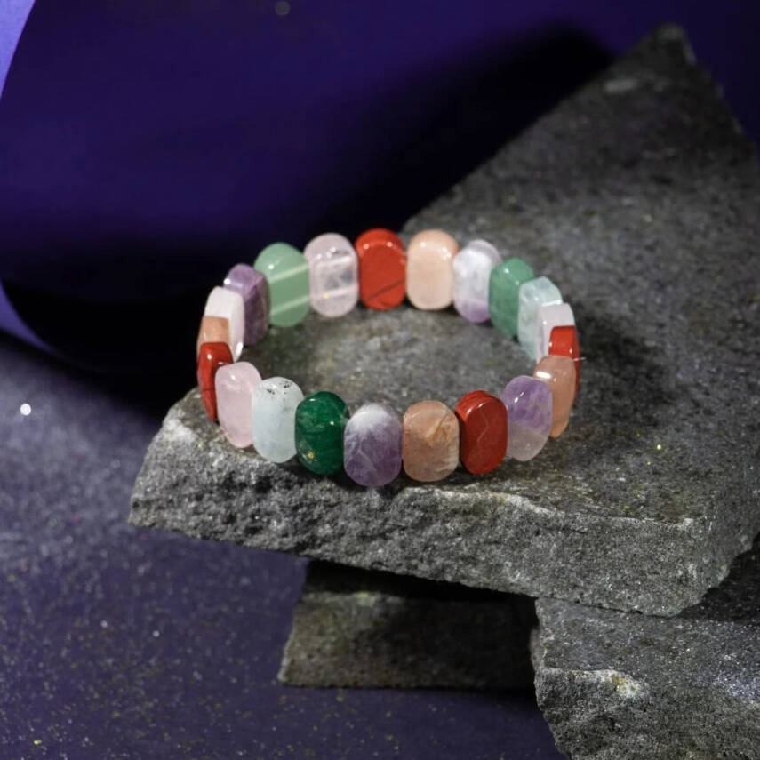 Koç Burcu Geniş Kesim Bileklik Akuamarin, Ametist, Bordo Granat Lal, Jasper, Kırmızı Akik, Pembe Kuvars, Sitrin, Yeşil Aventurin - 2