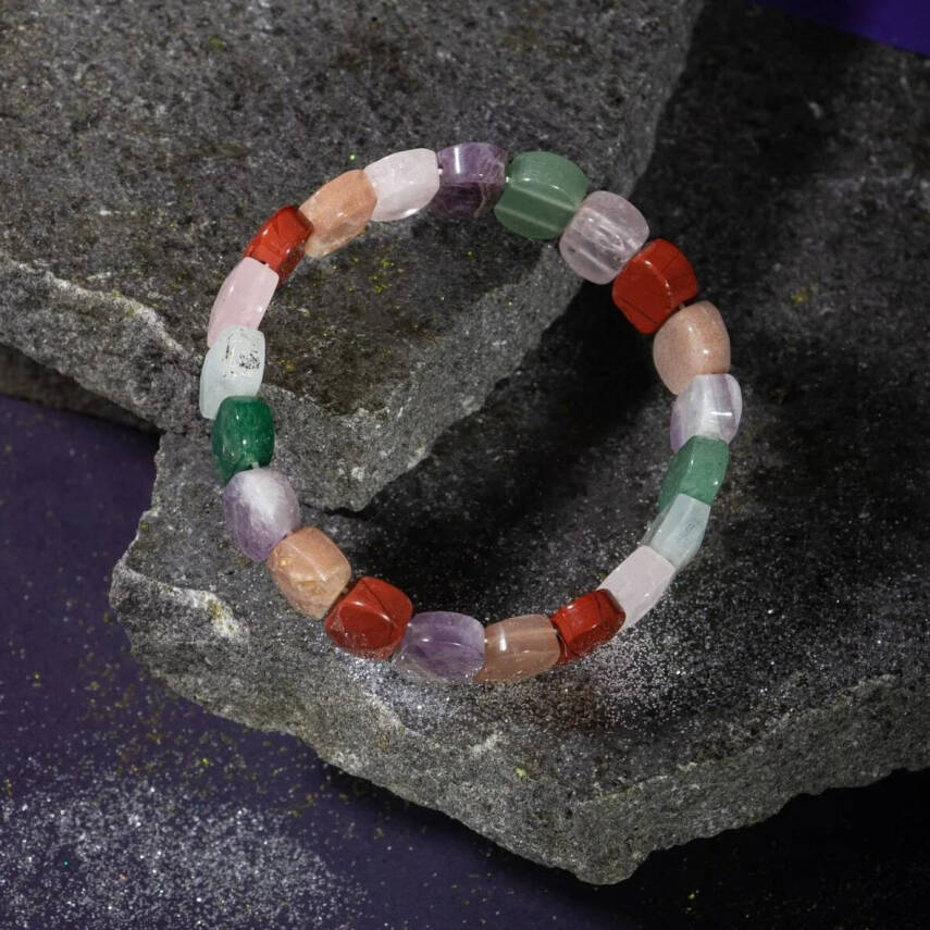 Koç Burcu Geniş Kesim Bileklik Akuamarin, Ametist, Bordo Granat Lal, Jasper, Kırmızı Akik, Pembe Kuvars, Sitrin, Yeşil Aventurin - 4