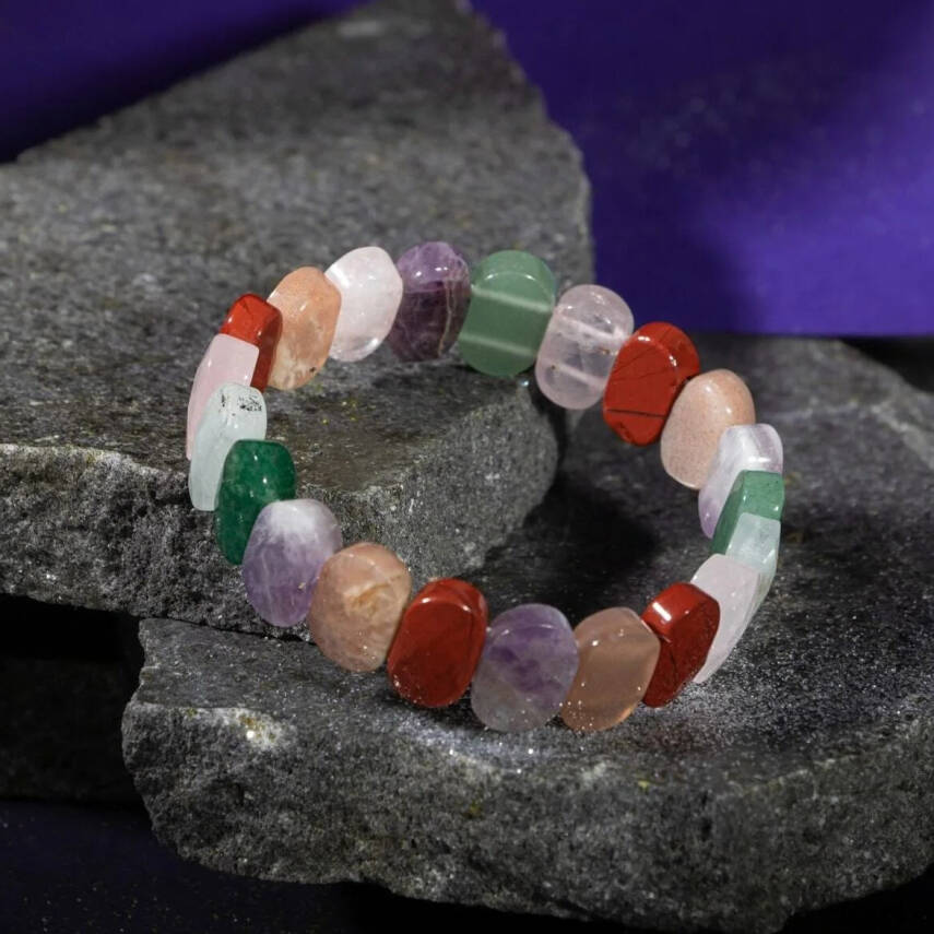 Koç Burcu Geniş Kesim Bileklik Akuamarin, Ametist, Bordo Granat Lal, Jasper, Kırmızı Akik, Pembe Kuvars, Sitrin, Yeşil Aventurin - 5