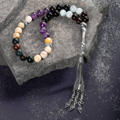 Koç Burcu Tesbih Akuamarin, Ametist, Bordo Granat Lal, Kan Taşı, Sarı Jasper, Siyah Göz Akik - Osmanlı Doğaltaş