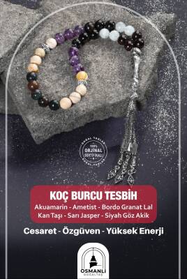 Koç Burcu Tesbih Akuamarin, Ametist, Bordo Granat Lal, Kan Taşı, Sarı Jasper, Siyah Göz Akik - 2