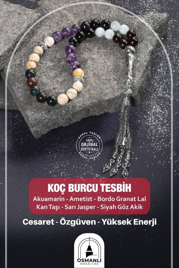 Koç Burcu Tesbih Akuamarin, Ametist, Bordo Granat Lal, Kan Taşı, Sarı Jasper, Siyah Göz Akik - 2