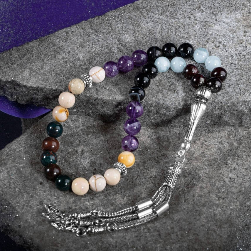 Koç Burcu Tesbih Akuamarin, Ametist, Bordo Granat Lal, Kan Taşı, Sarı Jasper, Siyah Göz Akik - 3