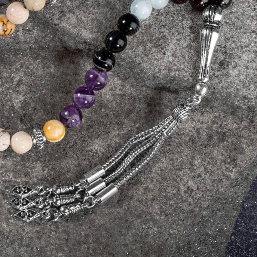 Koç Burcu Tesbih Akuamarin, Ametist, Bordo Granat Lal, Kan Taşı, Sarı Jasper, Siyah Göz Akik - 4