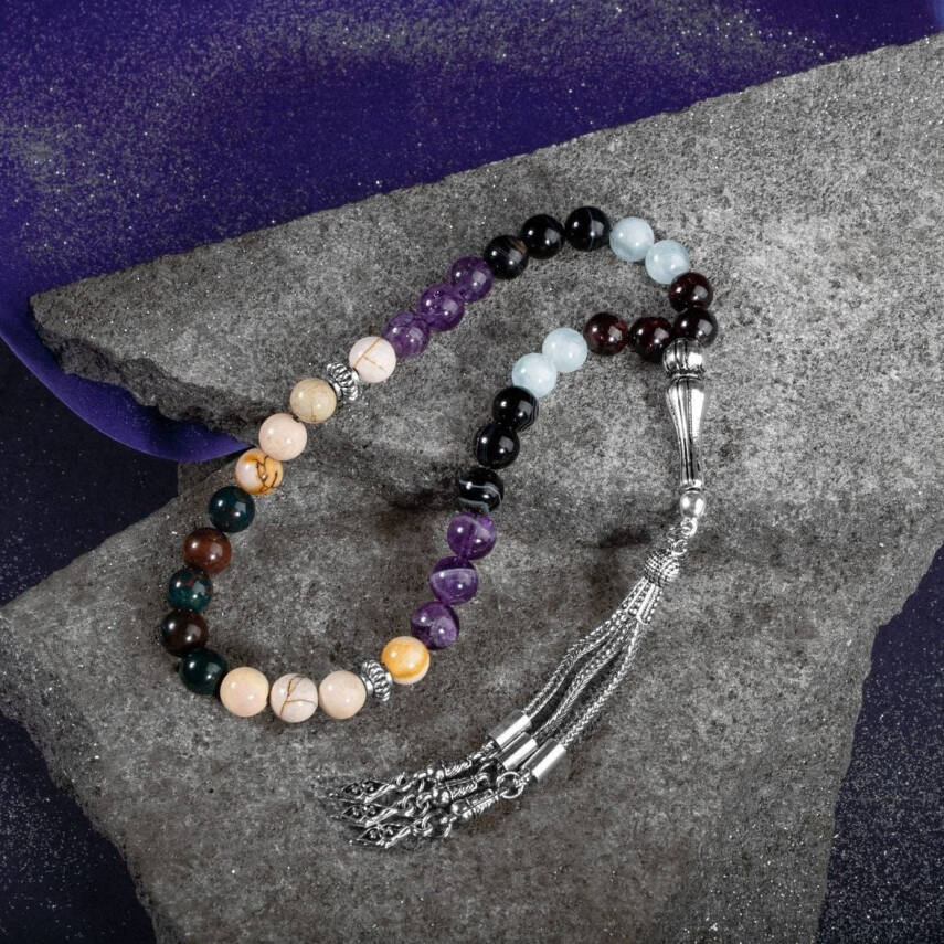 Koç Burcu Tesbih Akuamarin, Ametist, Bordo Granat Lal, Kan Taşı, Sarı Jasper, Siyah Göz Akik - 5