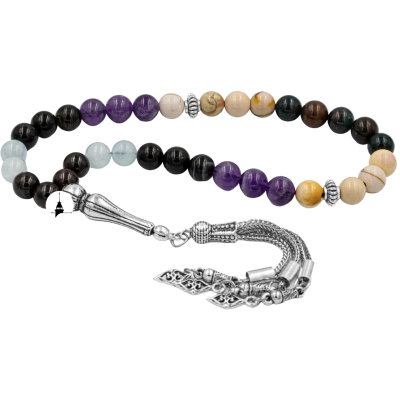 Koç Burcu Tesbih Akuamarin, Ametist, Bordo Granat Lal, Kan Taşı, Sarı Jasper, Siyah Göz Akik - Osmanlı Doğaltaş