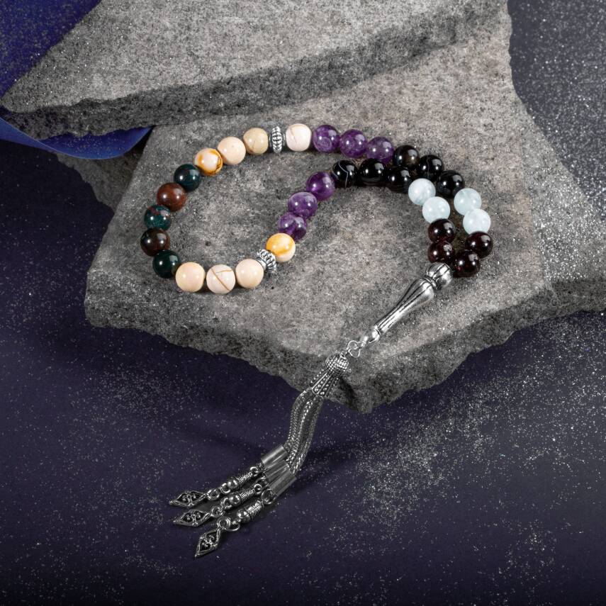 Koç Burcu Tesbih Akuamarin, Ametist, Bordo Granat Lal, Kan Taşı, Sarı Jasper, Siyah Göz Akik - 3