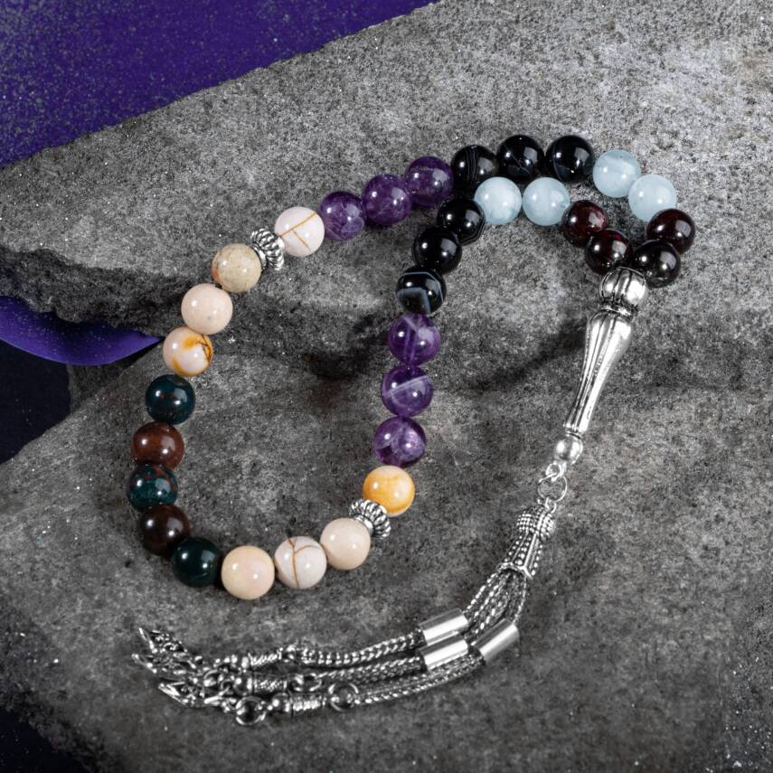 Koç Burcu Tesbih Akuamarin, Ametist, Bordo Granat Lal, Kan Taşı, Sarı Jasper, Siyah Göz Akik - 4
