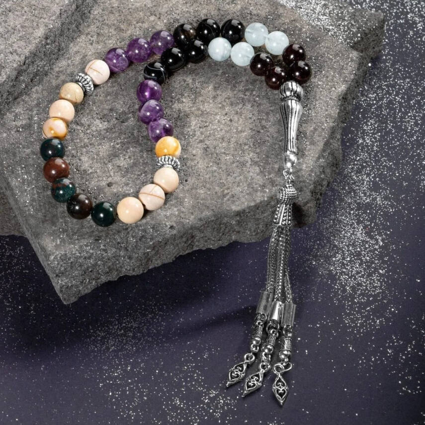 Koç Burcu Zaza Tesbih Doğal Taş Akuamarin, Ametist, Bordo Granat Lal, Kan Taşı, Sarı Jasper, Siyah Göz Akik - 1