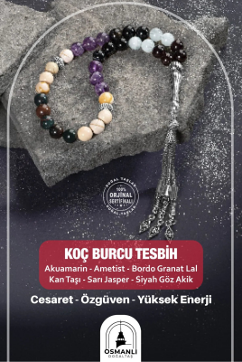 Koç Burcu Zaza Tesbih Doğal Taş Akuamarin, Ametist, Bordo Granat Lal, Kan Taşı, Sarı Jasper, Siyah Göz Akik - 2