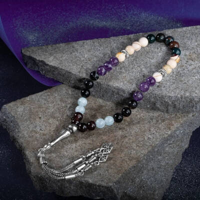 Koç Burcu Zaza Tesbih Doğal Taş Akuamarin, Ametist, Bordo Granat Lal, Kan Taşı, Sarı Jasper, Siyah Göz Akik - 3