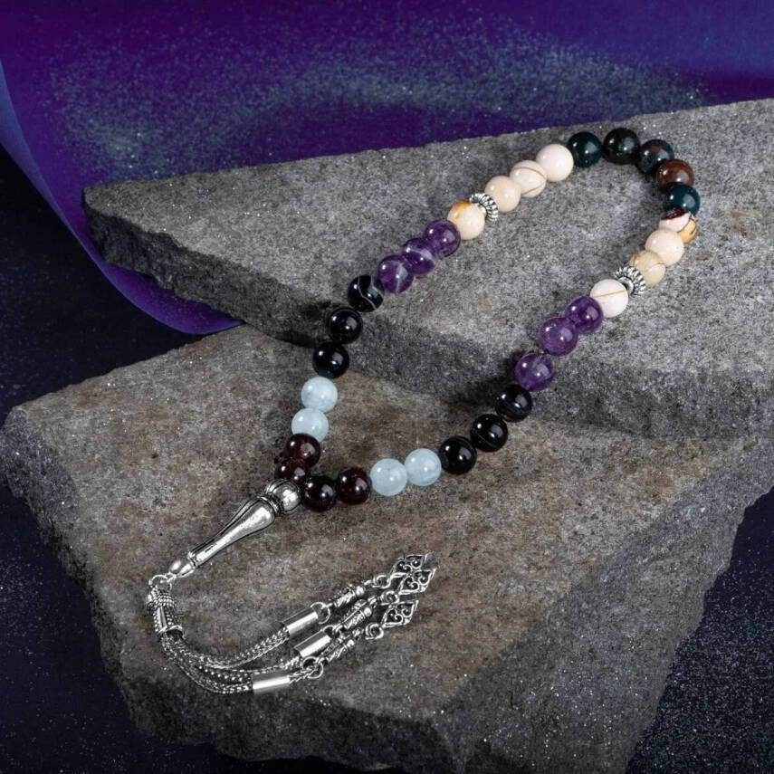 Koç Burcu Zaza Tesbih Doğal Taş Akuamarin, Ametist, Bordo Granat Lal, Kan Taşı, Sarı Jasper, Siyah Göz Akik - 3