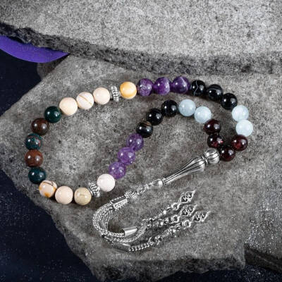 Koç Burcu Zaza Tesbih Doğal Taş Akuamarin, Ametist, Bordo Granat Lal, Kan Taşı, Sarı Jasper, Siyah Göz Akik - 4