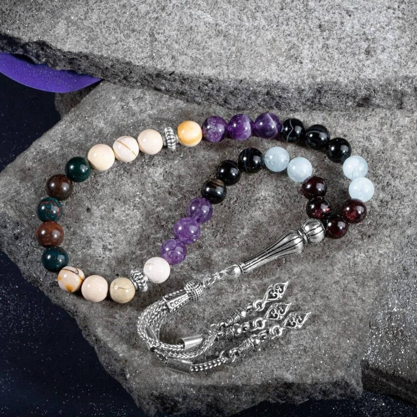 Koç Burcu Zaza Tesbih Doğal Taş Akuamarin, Ametist, Bordo Granat Lal, Kan Taşı, Sarı Jasper, Siyah Göz Akik - 4