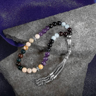 Koç Burcu Zaza Tesbih Doğal Taş Akuamarin, Ametist, Bordo Granat Lal, Kan Taşı, Sarı Jasper, Siyah Göz Akik - 5