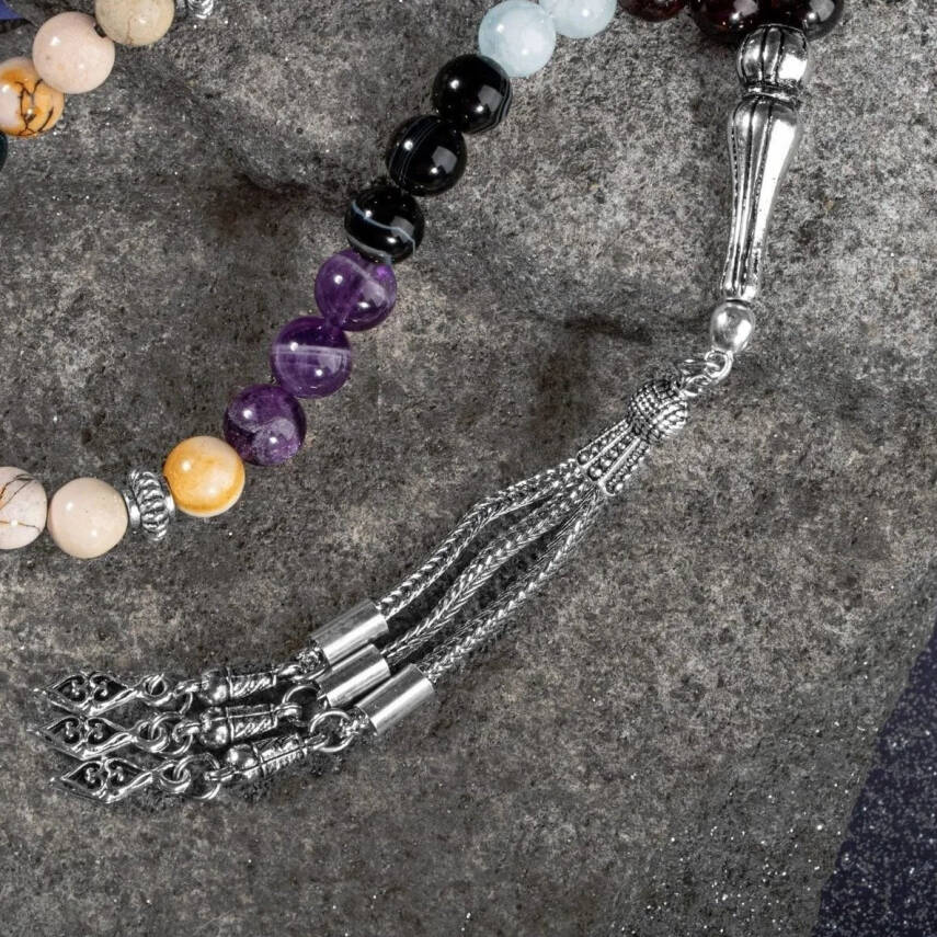 Koç Burcu Zaza Tesbih Doğal Taş Akuamarin, Ametist, Bordo Granat Lal, Kan Taşı, Sarı Jasper, Siyah Göz Akik - 6