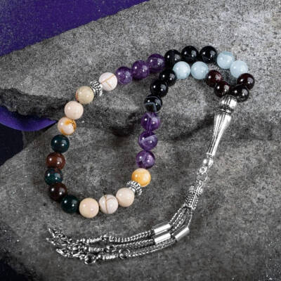 Koç Burcu Zaza Tesbih Doğal Taş Akuamarin, Ametist, Bordo Granat Lal, Kan Taşı, Sarı Jasper, Siyah Göz Akik - 7