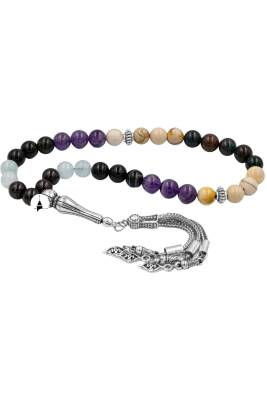 Koç Burcu Zaza Tesbih Doğal Taş Akuamarin, Ametist, Bordo Granat Lal, Kan Taşı, Sarı Jasper, Siyah Göz Akik - 8