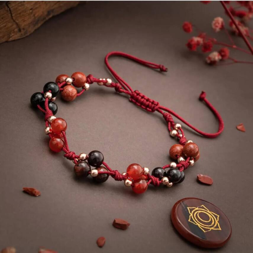 Kök Çakra Doğal Taş Bileklik - Kırmızı Jasper - Lal - Kırmızı Kaplan Gözü - Kırmızı Akik - Siyah Turmalin - Hematit - 1