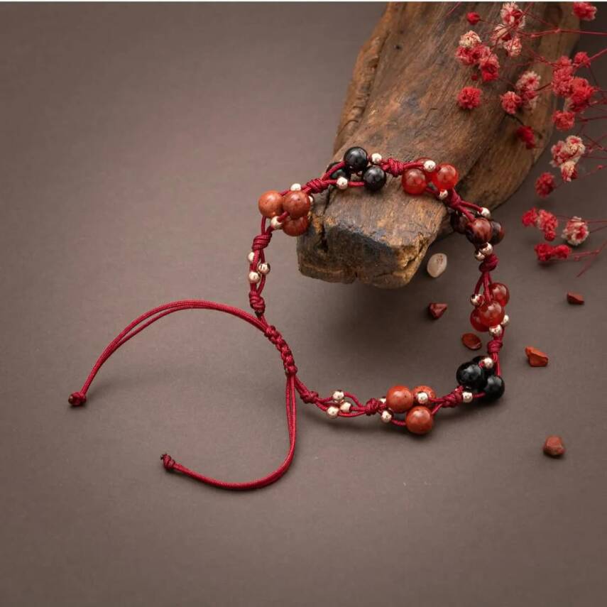 Kök Çakra Doğal Taş Bileklik - Kırmızı Jasper - Lal - Kırmızı Kaplan Gözü - Kırmızı Akik - Siyah Turmalin - Hematit - 2