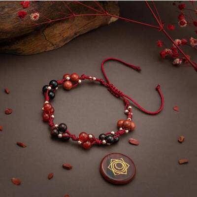 Kök Çakra Doğal Taş Bileklik - Kırmızı Jasper - Lal - Kırmızı Kaplan Gözü - Kırmızı Akik - Siyah Turmalin - Hematit - 3