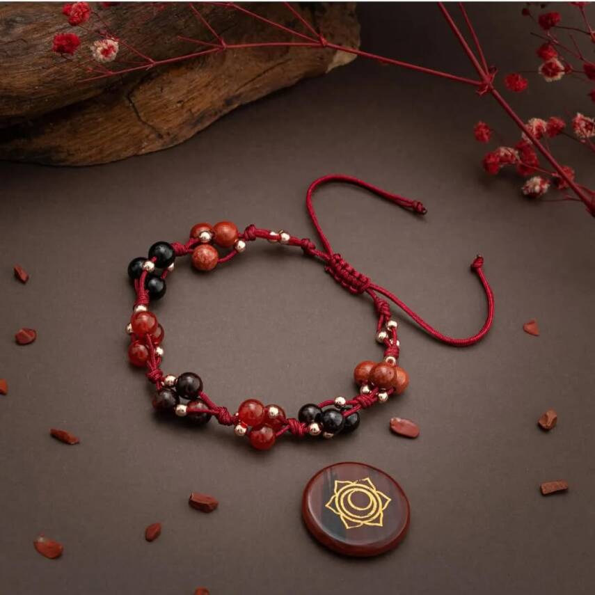Kök Çakra Doğal Taş Bileklik - Kırmızı Jasper - Lal - Kırmızı Kaplan Gözü - Kırmızı Akik - Siyah Turmalin - Hematit - 3